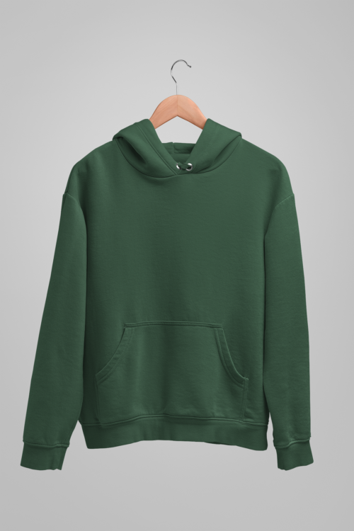 buy now - The Emerald Green Solid Hoodie, featuring a front pocket and drawstring hood, is elegantly draped on a wooden hanger against a light gray backdrop, effortlessly highlighting its minimalist charm. - by unflatter