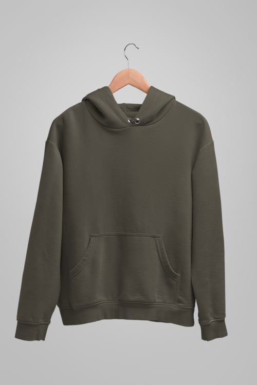 buy now - An Emerald Green Solid Hoodie is displayed on a wooden hanger against a light grey background. This minimalist hoodie features a front pocket and drawstrings at the neck. - by unflatter