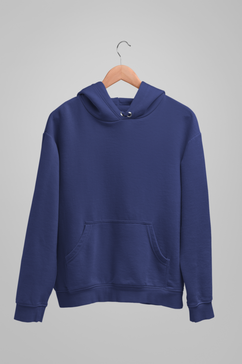 buy now - A Sapphire Blue Solid Hoodie, free of any embellishments, rests on a wooden hanger against a plain gray background. It features a front pocket and drawstrings at the neck, offering a simple yet functional design. - by unflatter